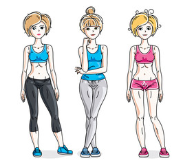 Happy young women posing wearing stylish sport clothes, sportswoman and fitness people. Vector set of beautiful people illustrations.