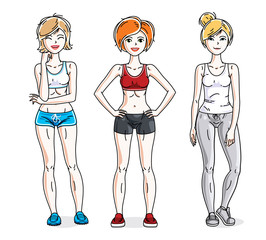 Happy young women posing wearing stylish sport clothes, sportswoman and fitness people. Vector set of beautiful people illustrations. Lifestyle theme fem characters.
