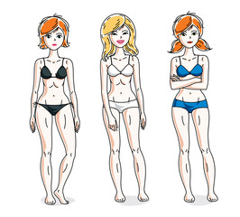 Young beautiful women posing in colorful bikini. Vector set of beautiful people illustrations. Slim female with perfect body.