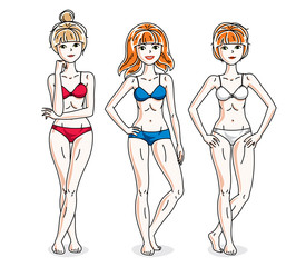 Young beautiful women posing in colorful bikini. Vector set of beautiful people illustrations.