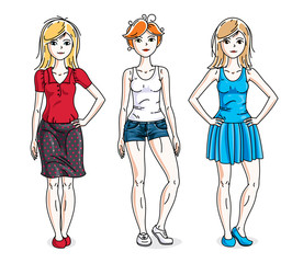 Happy cute young women group standing wearing casual clothes. Vector set of beautiful people illustrations. Fashion and lifestyle theme cartoons.