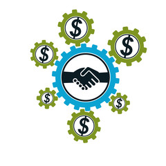 Fototapeta na wymiar Successful Business creative logo, handshake deal sign, vector conceptual symbol isolated on white background. Special and unique sign. Gears and cogs system.