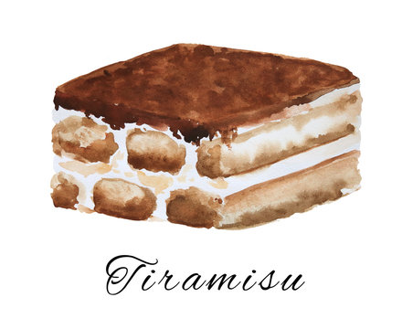 Italian sweet dessert tiramisu painted with watercolor
