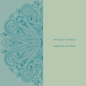Vintage invitation card with lace paisley ornament. Teal colors on minty background.  Template frame for your design. 