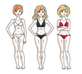 Young beautiful women posing in colorful bikini. Vector set of beautiful people illustrations. Slim female with perfect body.