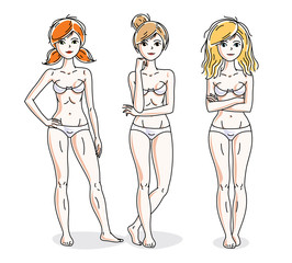 Attractive young women group standing in white underwear. Vector people illustrations set.