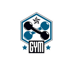 Sport logo for weightlifting gym and fitness club, retro style vector emblem. With dumbbell.