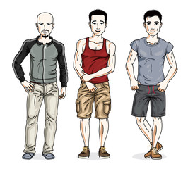 Handsome young men posing in stylish casual clothes. Vector set of beautiful people illustrations. Lifestyle theme male characters.