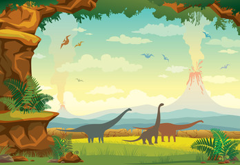 Prehistoric landscape with dinosaurs, volcano and fern.