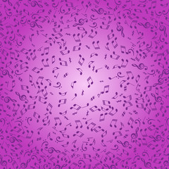 Purple background with music notes for graphic design.