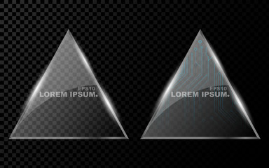 A banner from a flat realistic triangle with sharp corners, a hexagon and from a shining, bright 3d glass on a dark transparent background. New technology, cyber texture, beautiful, blue pattern