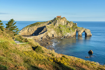 san juan de gaztelugatxe hermitage on sunny day, Spain