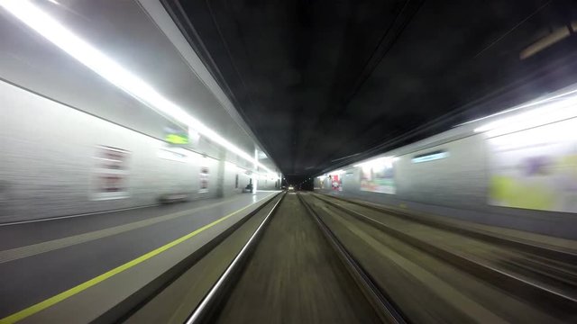 4K long accelerated footage of an underground Viennese tram moving