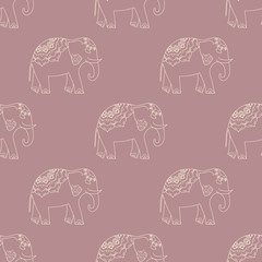 Seamless pattern with elephants and flower mandala. Background for textile, baby shower, greeting card, wrapping. Floral ornament.