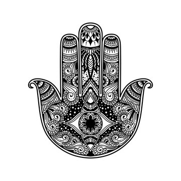 hand drawn outline illustration of a hamsa hand symbol. Hand of Fatima religious sign with all seeing eye. Vintage boho style. Vector illustration in doodle zentangle style for adult coloring book