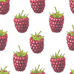 Raspberry. Vintage hand drawn illustration with red berries. Vector seamless pattern