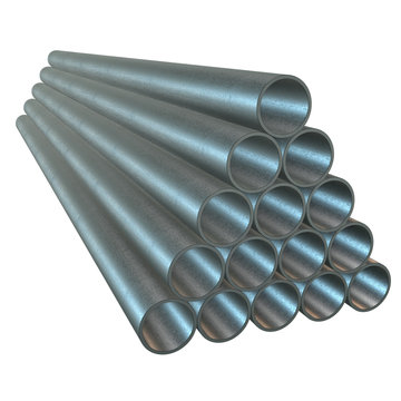 Stack of steel metal pipes. 3d render isolated on white