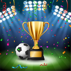 Soccer Championship with Golden Trophy with falling confetti and illuminated spotlight, Vector Illustration