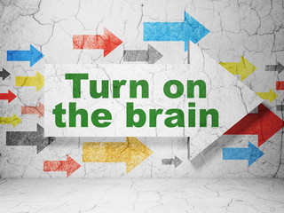 Learning concept: arrow with Turn On The Brain on grunge wall background