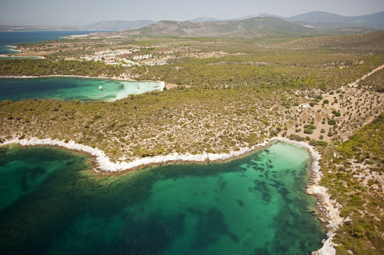 Aerial view of Kaplankaya G&uuml;ll&uuml;k Bay Bodrum Turkey