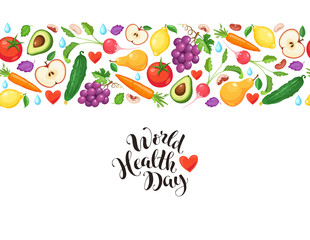 World health day poster with fresh fruits and vegetables isolated on white background. Horizontal composition from food.