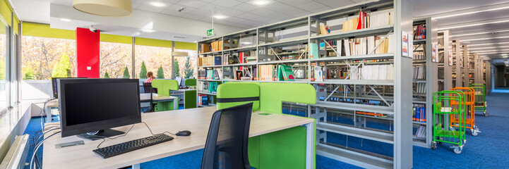 Functional library interior with desk