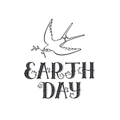 Earth day text with swallow flying isolated on white  background.