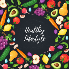 Eat healthy food poster with fresh fruits and vegetables on blackboard. Circle composition from food.