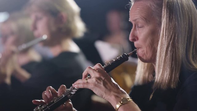  Symphony orchestra during a performance with focus on oboist. 