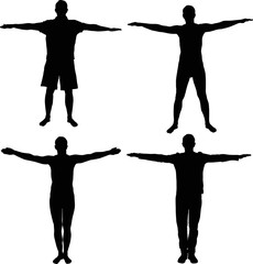 silhouette of male with her arms spread widely - obrazy, fototapety, plakaty