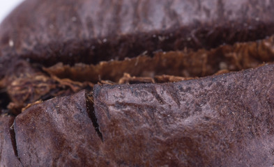 Grain coffee close-up, top view, macro, white isolated background