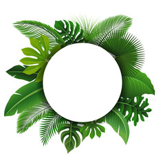 Round Sign with text space of Tropical Leaves. Suitable for nature concept, vacation, and summer holiday. Vector Illustration