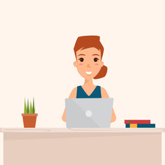 business woman working at office desk with laptop. Flat style vector illustration isolated on white.
