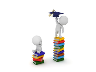 3D Character sitting on stack of books reaching for graduation hat and diploma