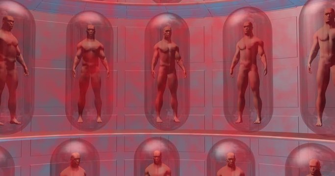 Human Clones suspended in capsules and red fluid life support chamber. 3d render , animation.