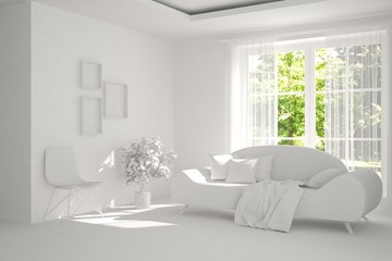 White room with sofa and green landscape in window. Scandinavian interior design. 3D illustration