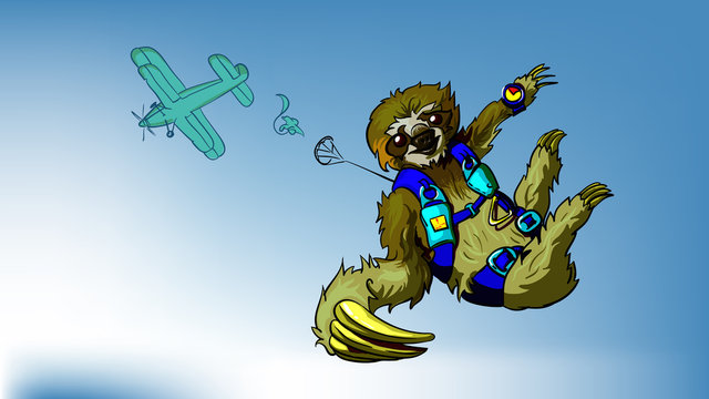 Sloth flying with a parachute painted in cartoon style with an airplain on the background