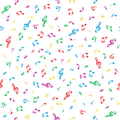 Multicolored seamless background with music notes for graphic design.