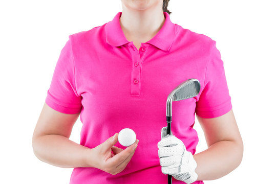 Equipment for golf on the background of a pink Polo T-shirts in hands closeup - Powered by Adobe