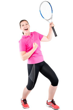 Happy emotional rejoices tennis player on a white background