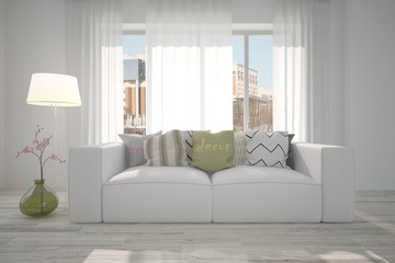 White room with sofa and urban landscape in window. Scandinavian interior design. 3D illustration