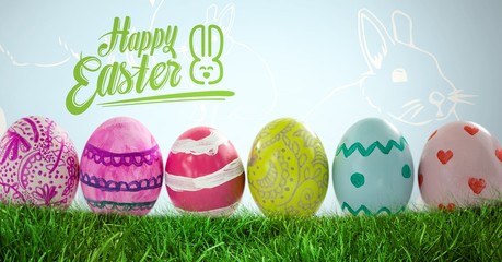 Happy Easter text with Easter Eggs in front of Rabbit pattern