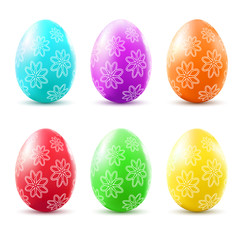 Colorful easter eggs with flower pattern isolated on white background. Vector illustration.