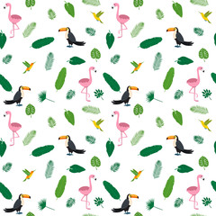 Fototapeta premium Tropical seamless pattern with pink flamingos, hummingbirds, toucans and green palm leaves