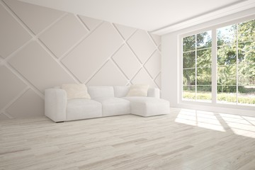 White room with sofa and green landscape in window. Scandinavian interior design. 3D illustration