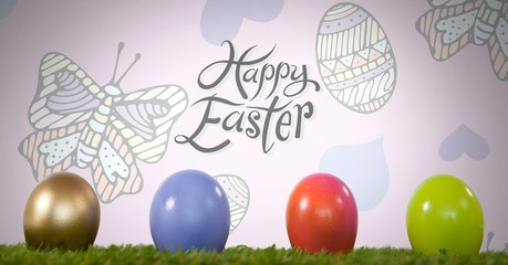 Happy Easter text with Easter eggs in front of pattern