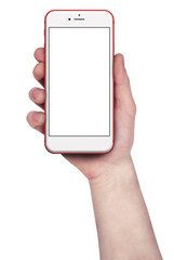 Man holding red smartphones, blank screen and isolated on white background.