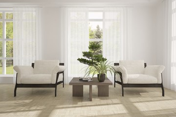 White room with sofa and green landscape in window. Scandinavian interior design. 3D illustration