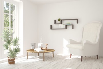White room with armchair and green landscape in window. Scandinavian interior design. 3D illustration