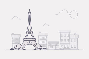 Line Art Vector Illustration of Paris with its Famous Landmark Eiffel Tower and City Buildings in the Background. 